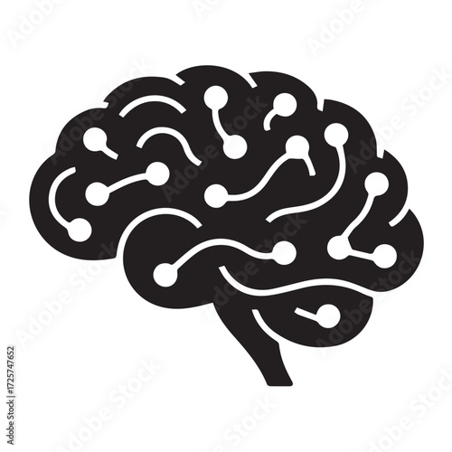 Stylized black silhouette of a human brain with glowing nodes and connecting lines, isolated on a white background technology background
