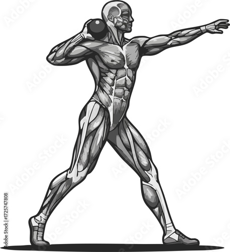 Anatomical illustration of a muscular athlete poised to throw a shot put, showcasing detailed musculature and skeletal structure in a dynamic athletic pose.