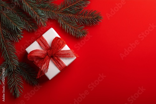 Beautiful Gift Box With Ribbon on Red Background With Pine Branches and Berries.