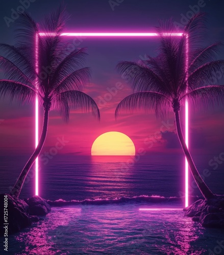 Sunset View From a Tropical Beach Framed by Palm Trees and Vibrant Colors.