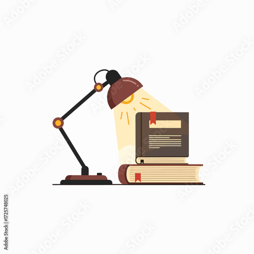 Desk Lamp Illuminating Stack of Books for Study or Reading