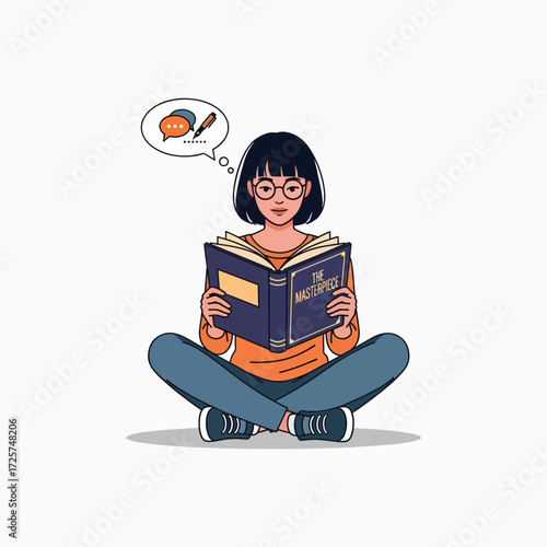 A young student wearing glasses sitting cross legged reading a large book with a thought bubble above her head containing writing and speaking symbols