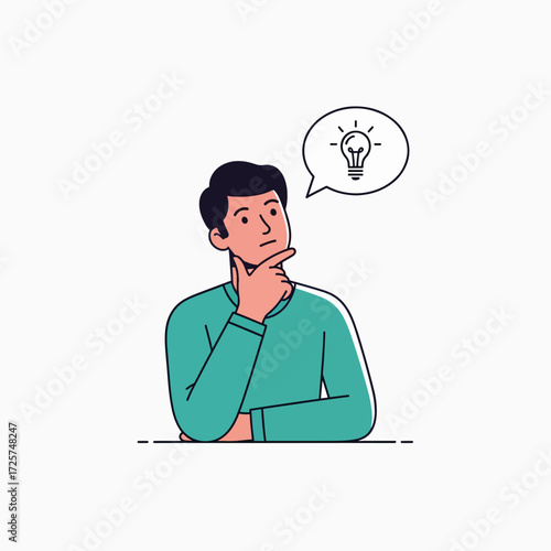 A thoughtful person with a bright idea in a speech bubble above their head