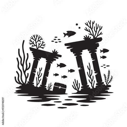 Underwater ruins of ancient columns with fish swimming around, a treasure chest nearby, isolated on white background technology background