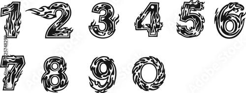 A set of stylized numbers from zero to nine, each rendered with a fiery, flame-like design, presented in a graphic, black and white illustration.