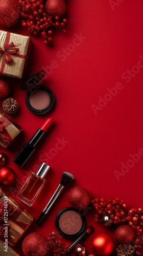 Vibrant Holiday Makeup Arrangement With Festive Decorations on a Red Background.