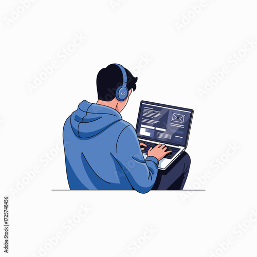 A young person wearing headphones is deeply focused on their laptop screen