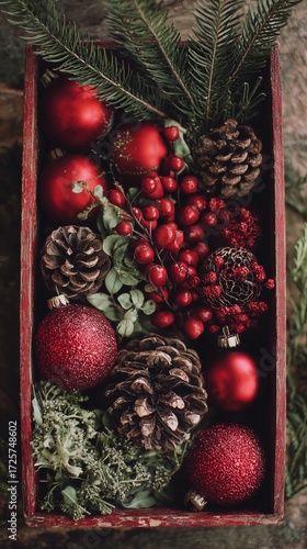 Festive Arrangement of Red Ornaments and Pinecones in a Wooden Box for Holida...
