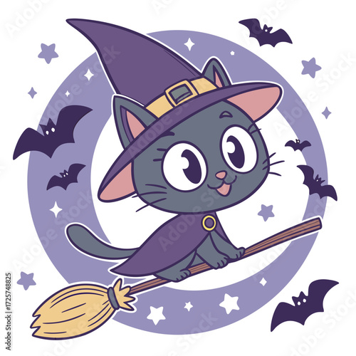 Witch Cat Flying on Broomstick Halloween Illustration