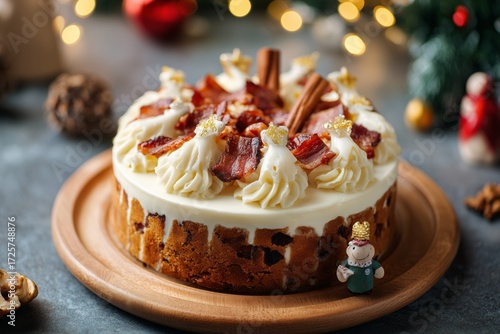 Delicious Festive Cake Topped With Cream and Bacon, Ready for Holiday Celebra...