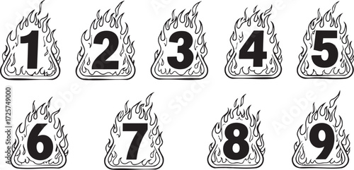 A set of black and white numbers from one to nine, each surrounded by a stylized flame outline.