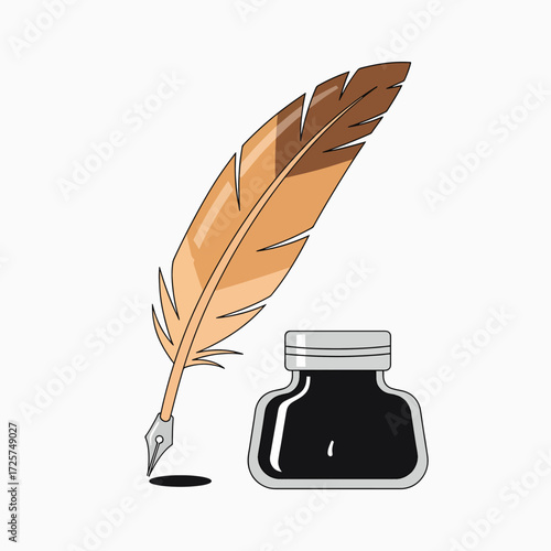 A vintage quill pen with a silver nib dipping into a small glass inkwell with a drop of ink