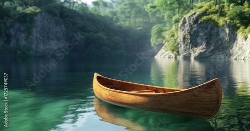 Canoe Floating Peacefully on Calm Water Surrounded by Lush Green Forest in th...