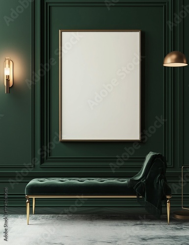 Elegant Green Interior With a Blank Frame and Stylish Bench in a Modern Setting.