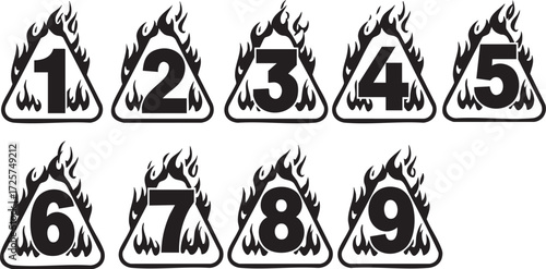Black and white vector illustrations of numbers one through nine inside flaming triangular warning symbols, indicating heat or intensity levels.