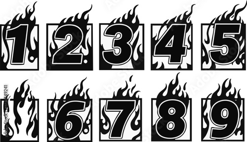 Black and white graphic illustration featuring numbers one through nine and an empty square, all engulfed in stylized flames.