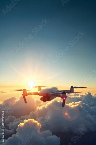 quadcopter with video camera above clouds in the sun rays, aerial photography concept