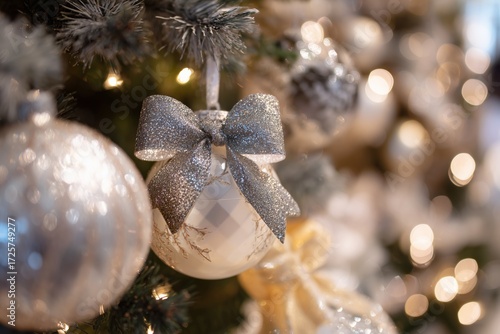 Beautiful Silver and White Christmas Ornaments Hanging on a Decorated Tree at...