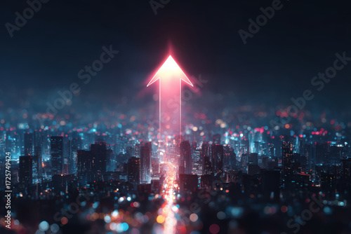 Glowing arrow above cityscape symbolizes digital finance growth