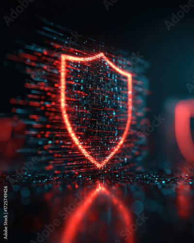 Digital shield with glowing red data streams symbolizes cybersecurity protection