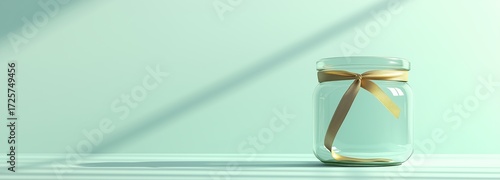 Glass Jar With Golden Ribbon on a Light Surface Under Soft Shadows