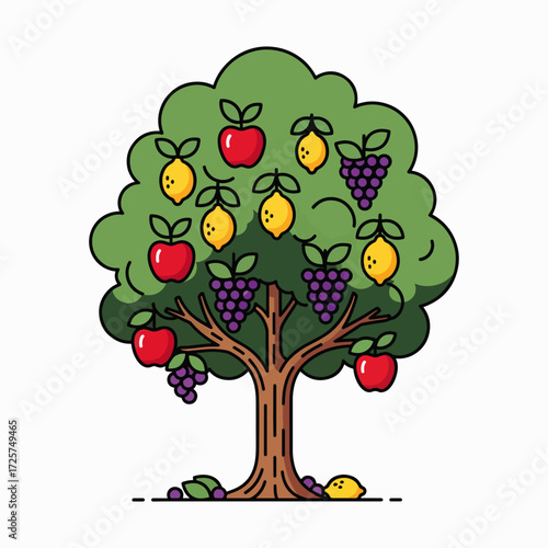 A Lush Fruit Tree Bearing Apples Lemons and Grapes in Various Stages of Ripeness