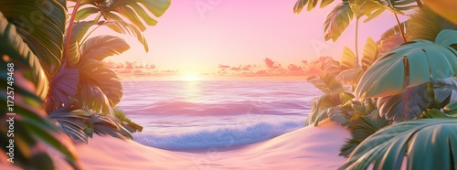 Bright Sunset Over Ocean With Palm Trees Framing Sandy Beach Scene in Warm Ev...