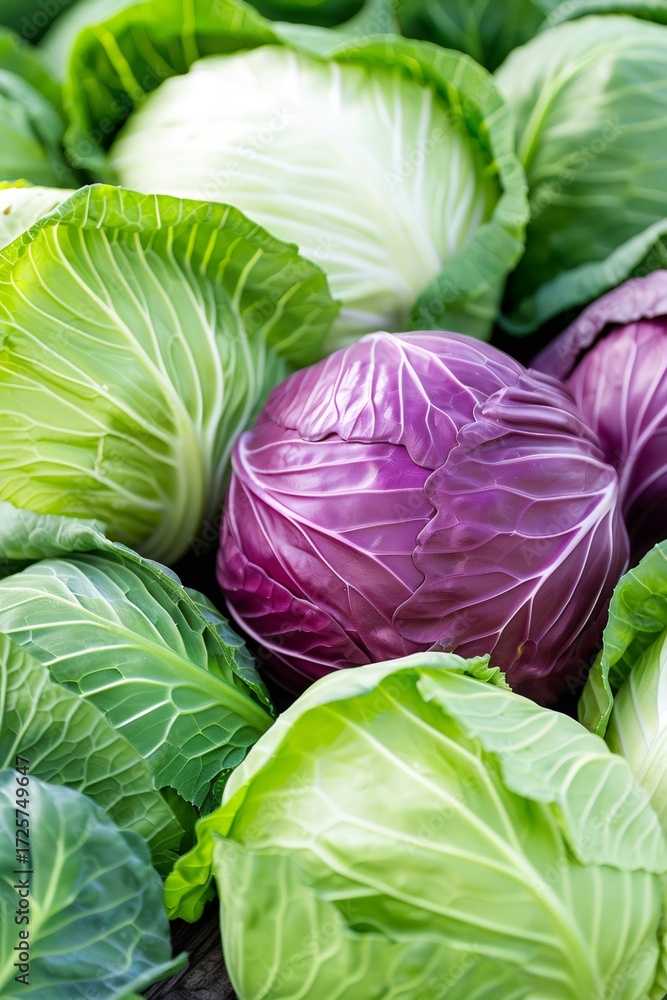 Obraz premium Fresh green and red cabbages displaying healthy food