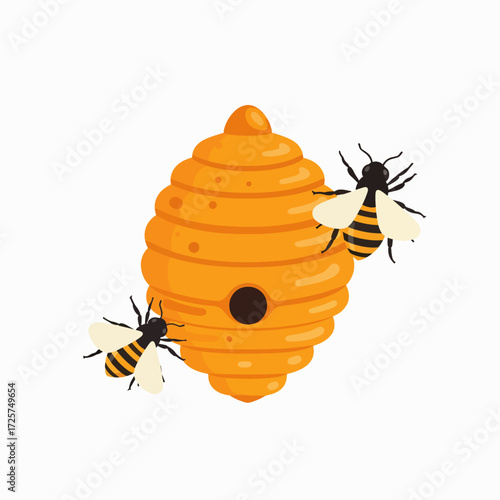 Two Busy Bees Hovering Around a Traditional Beehive Collecting Nectar for Honey Production