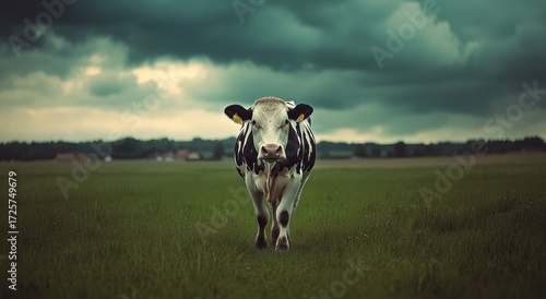 Cow Standing in a Green Field Under Dark Clouds in the Countryside During Lat...