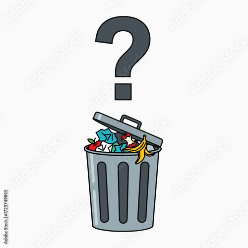 What is in the overflowing trash can a question mark above this bin filled with various items