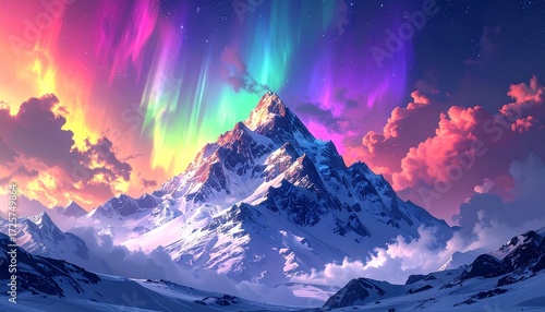 Vibrant Aurora Borealis Illuminates a Majestic Snow-Capped Mountain, Creating an Ethereal Winter Wonderland Under a Kaleidoscope of Celestial Hues and Cloud-Kissed Peaks