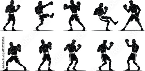 Boxing silhouette vector set, fighter training poses, martial arts stance illustrations, sports combat graphics, workout icons for fitness and design