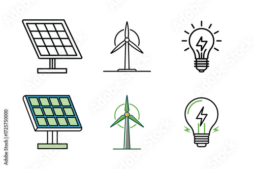 Renewable Energy Icons Set – Solar Panel, Wind Turbine and Eco Light Bulb