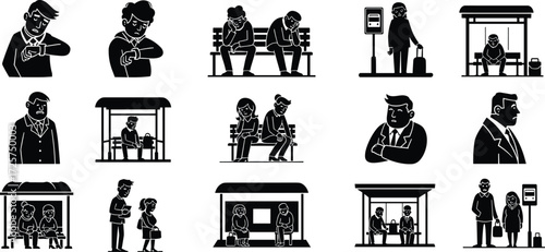 Bus stop silhouette vector set, people waiting icons, public transport commuter clipart, passenger illustration, travel delay stress and patience poses
