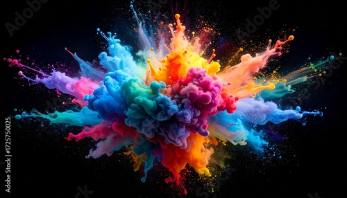 Dynamic burst of rainbow-colored powder, an abstract explosion of vibrant pigments against a dark background, showcasing a captivating splash of creative energy