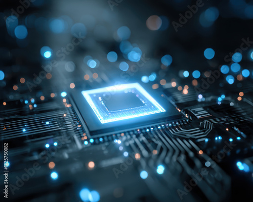 Glowing AI chip hologram emits blue light on futuristic circuit board