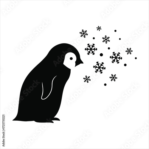 Cute silhouette penguin blowing snowflakes winter cold weather animal character graphic design