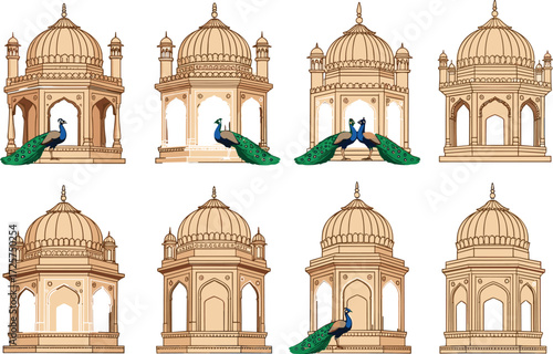Chhatri pavilion illustrations—ornate domes, arches, peacocks, heritage architecture—Indian vector artwork, tradition, elegance, culture, symmetry, design, symbolism