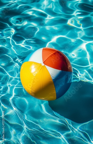 Colorful Beach Ball Floating on Clear Water in Summer Pool Scene