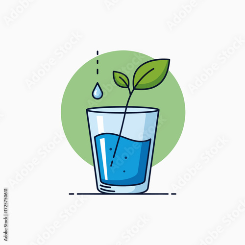 A Small Green Plant Growing in a Glass of Water with a Water Droplet Falling Above
