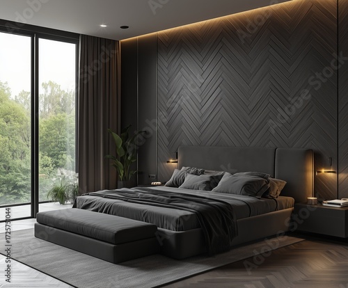 Modern Dark-Themed Bedroom With Large Windows and Natural Light