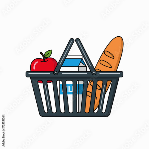 A Dark Gray Shopping Basket Filled With Fresh Groceries Including Milk Bread And A Red Apple