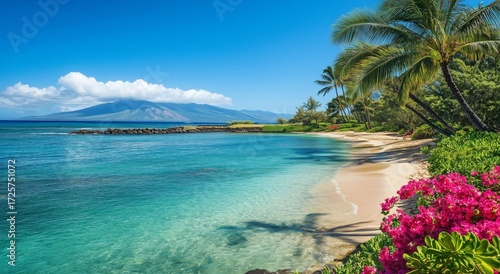 Lush Tropical Beach View With Vibrant Flowers and Clear Blue Waters in Hawaii...