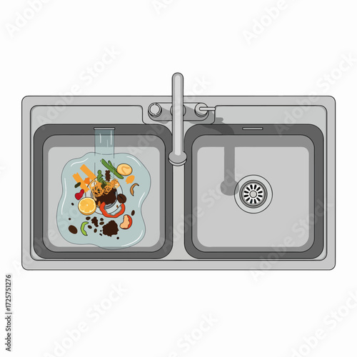 Double Kitchen Sink with Garbage Disposal and Running Water Over Food Scraps