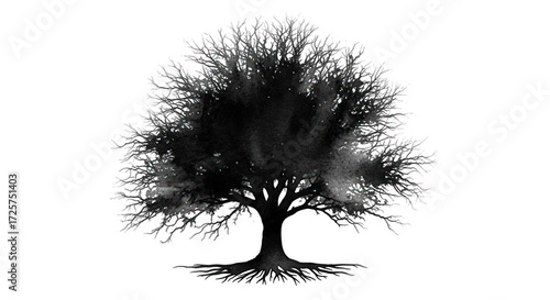 Solitary Black Ink Tree with Bare Branches and Visible Roots.