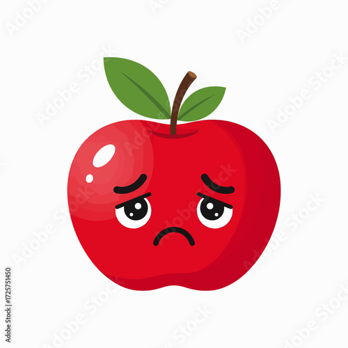 Sad red apple with green leaves and a stem showing a disappointed emotion