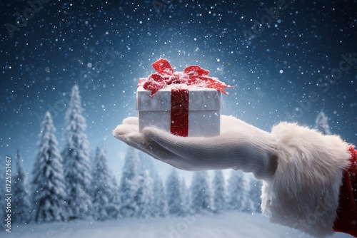 Holiday Gift Held in Hand Surrounded by Falling Snow and Evergreen Trees