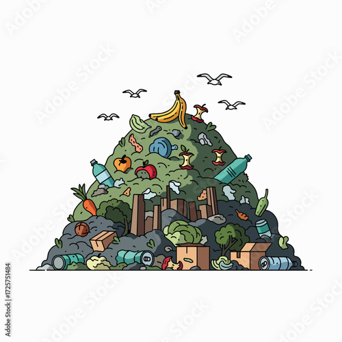A massive garbage heap overflowing with various discarded food items and waste materials creating an unsightly landscape