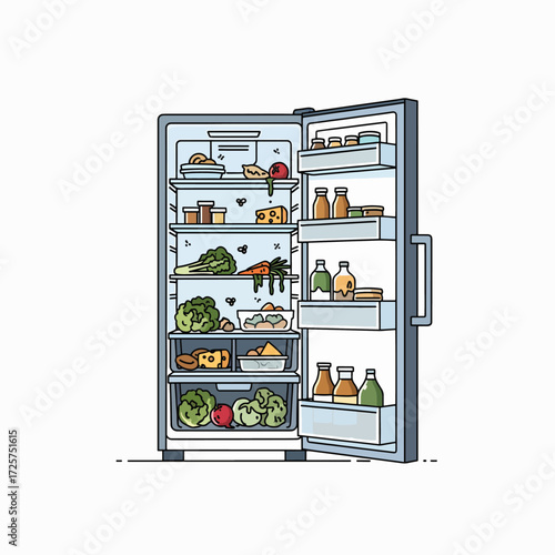A fully stocked kitchen refrigerator filled with fresh produce and dairy products ready for use